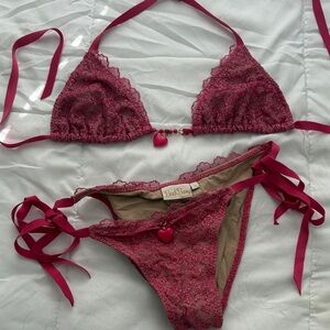 Beach bunny bikini set hot pink lace with heart bead